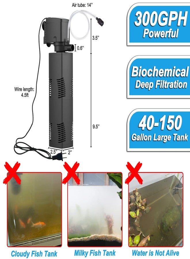 TARARIUM Aquarium Filter for 40-150 Gal. Tank Crystal 300GPH Biochemical Filtration Powerful Pump Submersible Internal Fish Tank Filters Large Tank Pond Clear Wavemaker Air Supply 4 in 1 - Image 4